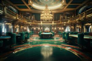 Luxus Kasino Innere mit Roulette Tabelle und Grün Stühle, luxuriös leeren Kasino, ai generiert foto