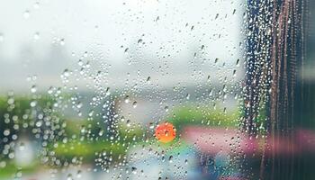 Regen fallen auf Fenster Glas von Kaffee Geschäft und verschwommen Stadt Leben Hintergrund ai generieren foto