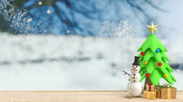 das Schneemann und Weihnachten Baum zum Prominente oder Urlaub Konzept 3d Wiedergabe. foto