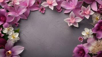 Raum zum Text auf texturiert Hintergrund umgeben durch Lilie und Orchidee Blumen von oben Sicht, Hintergrund Bild, ai generiert foto