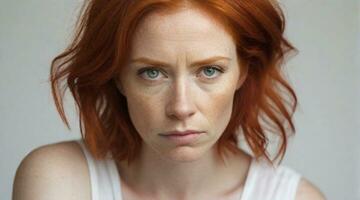 Porträt von ein rot Haar Frau mit ein tief traurig Ausdruck gegen Weiß Hintergrund, Hintergrund Bild, ai generiert foto