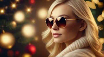 schön blond Haar weiblich tragen Sonnenbrille gegen Weihnachten Ambiente Hintergrund mit Raum zum Text, Hintergrund Bild, ai generiert foto