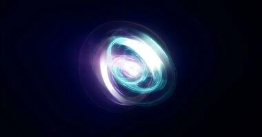 abstrakt Blau Ringe Kugeln von Energie Magie Wellen von Rauch Kreise und glühend Linien auf ein schwarz Hintergrund foto