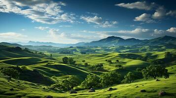 frisch Grün Landschaft mit Himmel und Hügel und Berge , ai generiert foto