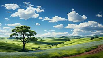frisch Grün Landschaft mit Himmel und Hügel und Berge , ai generiert foto