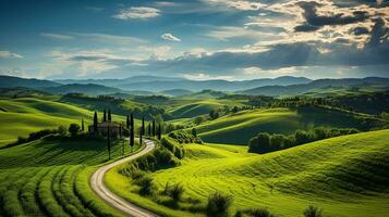 frisch Grün Landschaft mit Himmel und Hügel und Berge , ai generiert foto