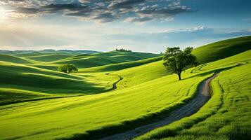 frisch Grün Landschaft mit Himmel und Hügel und Berge , ai generiert foto