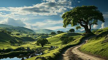 frisch Grün Landschaft mit Himmel und Hügel und Berge , ai generiert foto