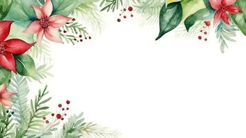 Weihnachten Rand mit Tanne Geäst und Blumen auf Weiß Hintergrund. Aquarell Weihnachten und Neu Jahr Hintergrund. ai generiert foto