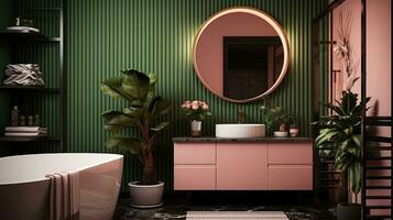 Badezimmer, Rosa und dunkel Grün Farben. Innere Design. ai generiert foto