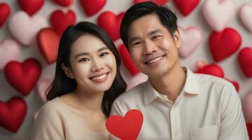 Porträt von ein glücklich asiatisch Paar gegen Valentinstag Tag Ambiente Hintergrund, Hintergrund Bild, ai generiert foto