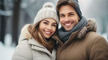 Porträt von ein glücklich lächelnd europäisch Paar gegen Winter Ambiente Hintergrund, Hintergrund Bild, ai generiert foto