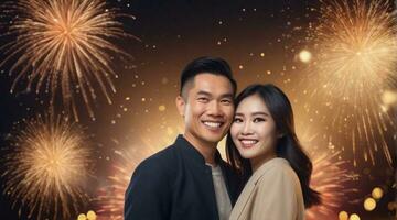 Porträt von ein glücklich lächelnd asiatisch Paar gegen Feuerwerk Neu Jahr Party Hintergrund, Hintergrund Bild, ai generiert foto