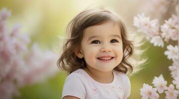 lächelnd Kleinkind Mädchen gegen Frühling Ambiente Hintergrund mit Raum zum Text, Kinder Hintergrund Bild, ai generiert foto