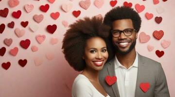 Porträt von ein glücklich Afroamerikaner Paar gegen Valentinstag Tag Ambiente Hintergrund, Hintergrund Bild, ai generiert foto