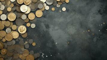Raum zum Text auf texturiert Hintergrund umgeben durch Münzen von Geld, Hintergrund Bild, ai generiert foto