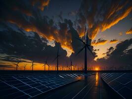 das Einschlag von Sonnenuntergang Himmel auf Wind und Solar- Energie Generation ai generieren foto