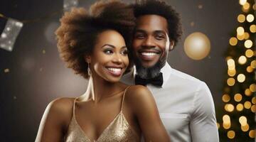 Porträt von ein glücklich lächelnd Afroamerikaner Paar gegen Neu Jahr Party Hintergrund, Hintergrund Bild, ai generiert foto