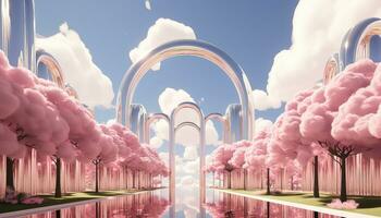 groß kreisförmig Struktur mit Rosa Wolken und Bäume ai generiert foto