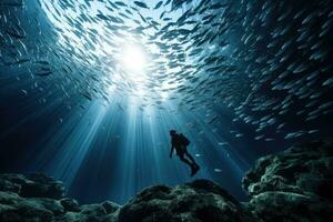 Silhouette von Taucher und Schule von Fisch im das Blau Meer, ai generiert foto