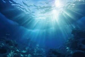 unter Wasser Aussicht von das Koralle Riff mit Sonnenstrahlen und Strahlen, unter Wasser Ozean Blau Abgrund mit Sonnenlicht Tauchen und Tauchen Hintergrund, ai generiert foto