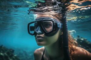 Porträt von ein schön jung Frau tragen Schnorcheln Ausrüstung Unterwasser, unter Wasser Hintergrund von ein Frau Schnorcheln und tun Freitauchen. Wassersport Aktivität In, ai generiert foto