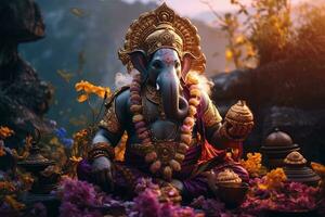 Hindu Gott Ganesha mit Blumen ai generiert foto