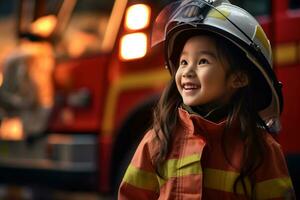 Porträt von ein süß wenig asiatisch Mädchen tragen ein Feuerwehrmann Uniform ai generiert foto