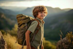 bezaubernd wenig Junge mit Rucksack Wandern im Berge beim Sonnenuntergang. Reise und aktiv Lebensstil Konzept ai generiert foto