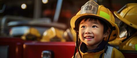 Porträt von glücklich asiatisch Junge tragen Feuerwehrmann Uniform mit Feuer LKW im Hintergrund ai generiert foto