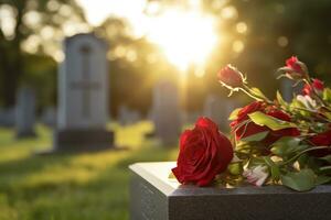 rot Rosen auf ein Grab beim ein Friedhof während das Sonnenuntergang mit Kopieren Raum ai generiert foto