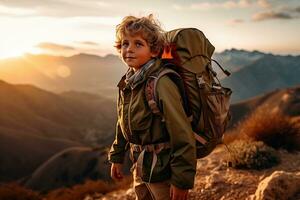 bezaubernd wenig Junge mit Rucksack Wandern im Berge beim Sonnenuntergang. Reise und aktiv Lebensstil Konzept ai generiert foto