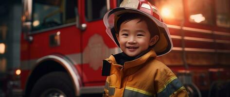 Porträt von glücklich asiatisch Junge tragen Feuerwehrmann Uniform mit Feuer LKW im Hintergrund ai generiert foto