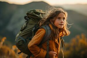 wenig Mädchen mit Rucksack Wandern auf Berg Gipfel beim Sonnenuntergang, Reise und Abenteuer Konzept ai generiert foto