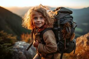 wenig Mädchen mit Rucksack Wandern auf Berg Gipfel beim Sonnenuntergang, Reise und Abenteuer Konzept ai generiert foto