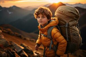 bezaubernd wenig Junge mit Rucksack Wandern im Berge beim Sonnenuntergang. Reise und aktiv Lebensstil Konzept ai generiert foto