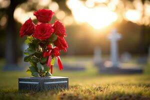 rot Rosen auf ein Grab beim ein Friedhof während das Sonnenuntergang mit Kopieren Raum ai generiert foto