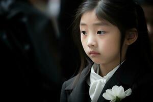 Porträt von ein wenig asiatisch Mädchen mit im das Friedhof, Beerdigung Konzept ai generiert foto