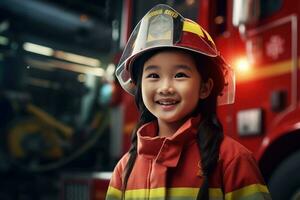 Porträt von ein süß wenig asiatisch Mädchen tragen ein Feuerwehrmann Uniform ai generiert foto