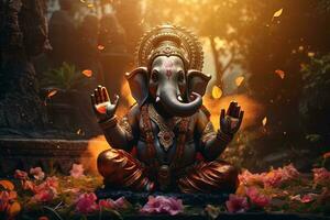 Hindu Gott Ganesha mit Blumen ai generiert foto