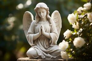 Engel Statue mit Weiß Rosen im das Friedhof.religiös Hintergrund ai generiert foto