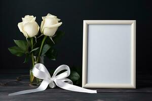 Weiß Rosen mit Band und Foto Rahmen auf schwarz Hintergrund.Beerdigung Konzept ai generiert