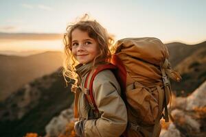 wenig Mädchen mit Rucksack Wandern auf Berg Gipfel beim Sonnenuntergang, Reise und Abenteuer Konzept ai generiert foto