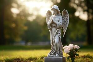 Engel Statue mit Weiß Rosen im das Friedhof.religiös Hintergrund ai generiert foto