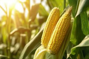 Nahansicht Mais Kolben im Mais Plantage Feld. generativ ai foto