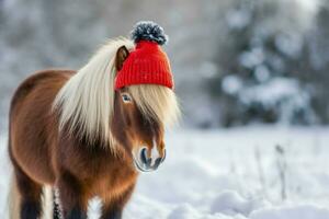 Pony rot Hut Winter. generieren ai foto