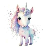 Aquarell Illustration von ein süß wenig Einhorn Pony. Clip Art, Design Element. ai generiert foto