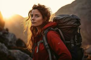 schön Frau Wanderer mit Rucksack Wandern im das Berge beim Sonnenuntergang ai generiert foto