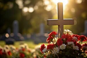 rot Rosen auf ein Grab beim ein Friedhof während das Sonnenuntergang mit Kopieren Raum ai generiert foto