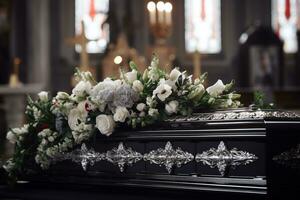 Nahansicht Schuss von ein Schatulle im ein Leichenwagen oder Kapelle Vor Beerdigung oder Beerdigung beim Friedhof ai generiert foto